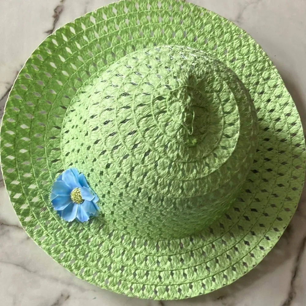 Green Kids Hat with Blue Flower, matching purse‎ and plush white Bunny
